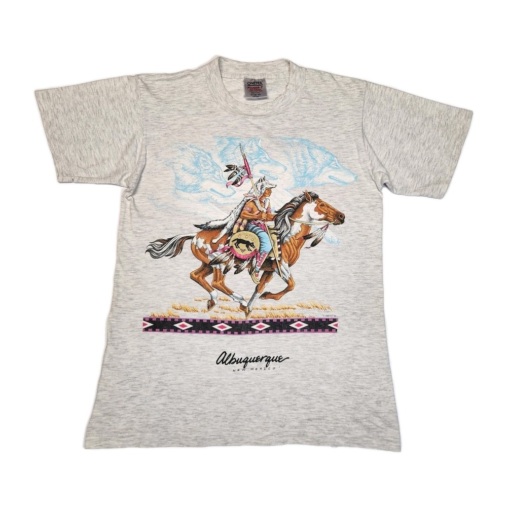 Vintage 90s Oneita Power-T Albuquerque Wolf Horse Native Rider Single Stitch M
